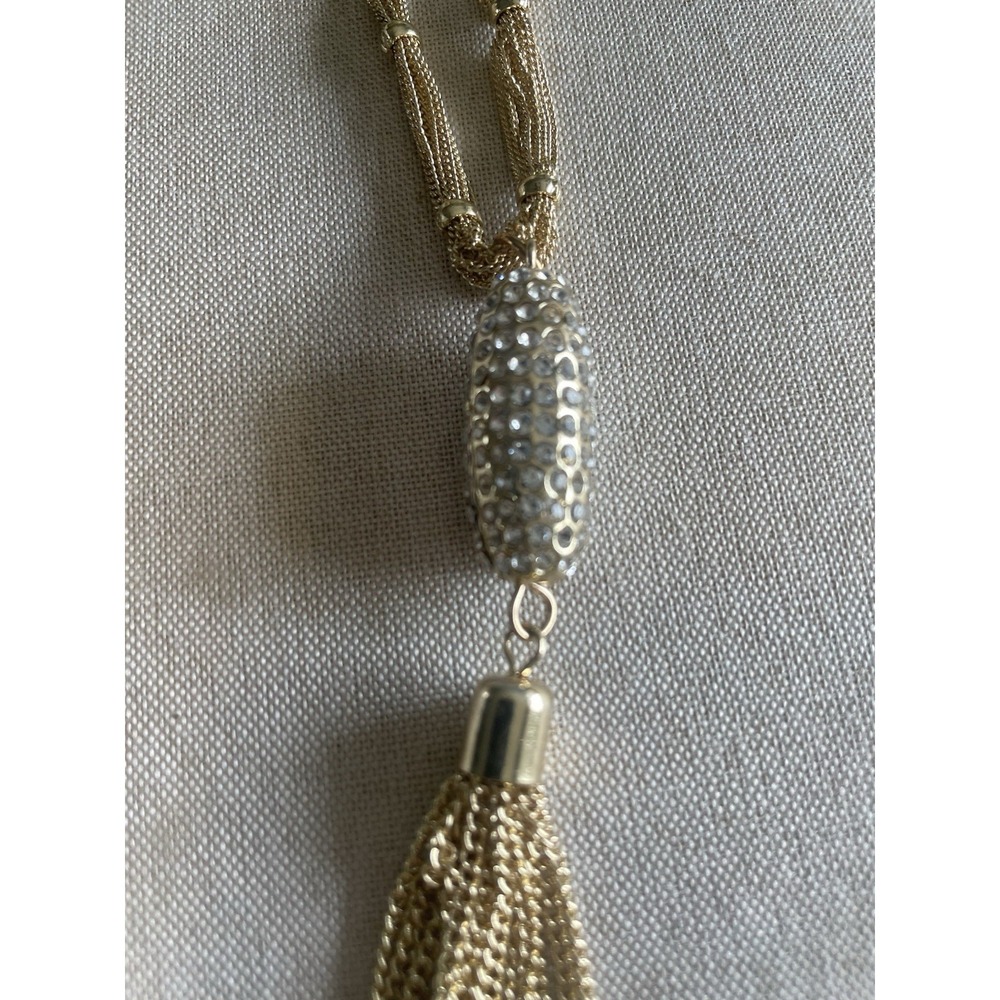 Gold Tone Tassel Necklace Rhinestone Bead Lariat Fringe Statement 19" Chain - Picture 3 of 8